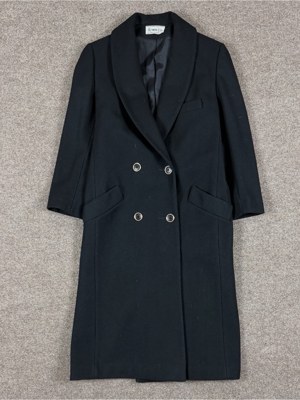 Vintage Herman Kay Black Long Double Breasted Wool Coat Womens 8 Winter Overcoat